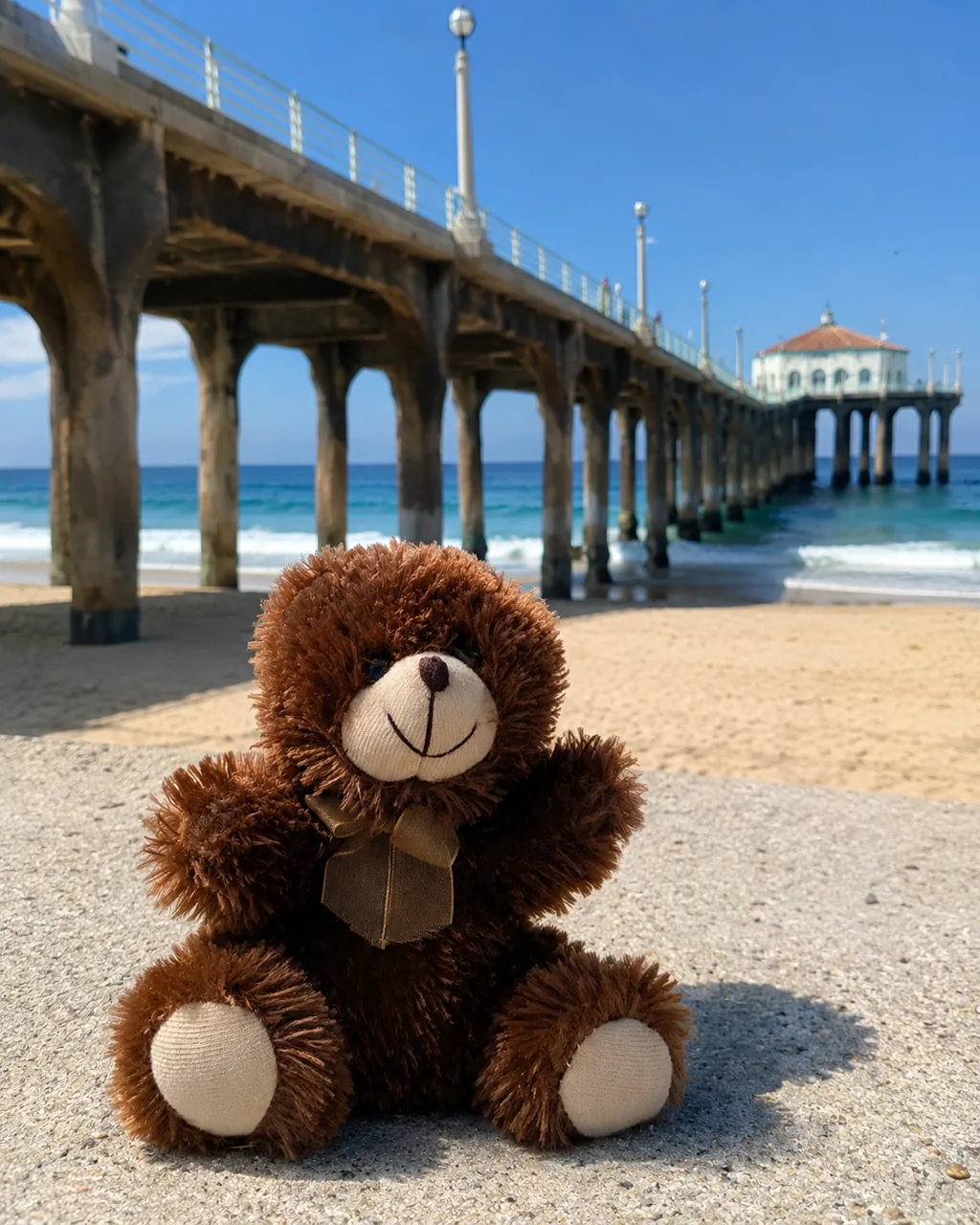 Mr. Bearry sitting in the sand with Manhattan Beach Pier behind him