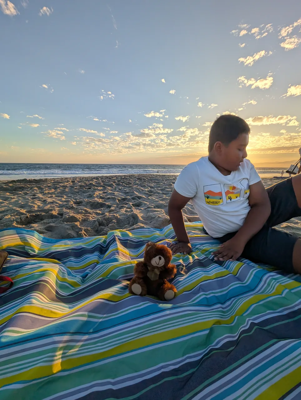 Ray kneeling beside Mr. Bearry on the beach blanket